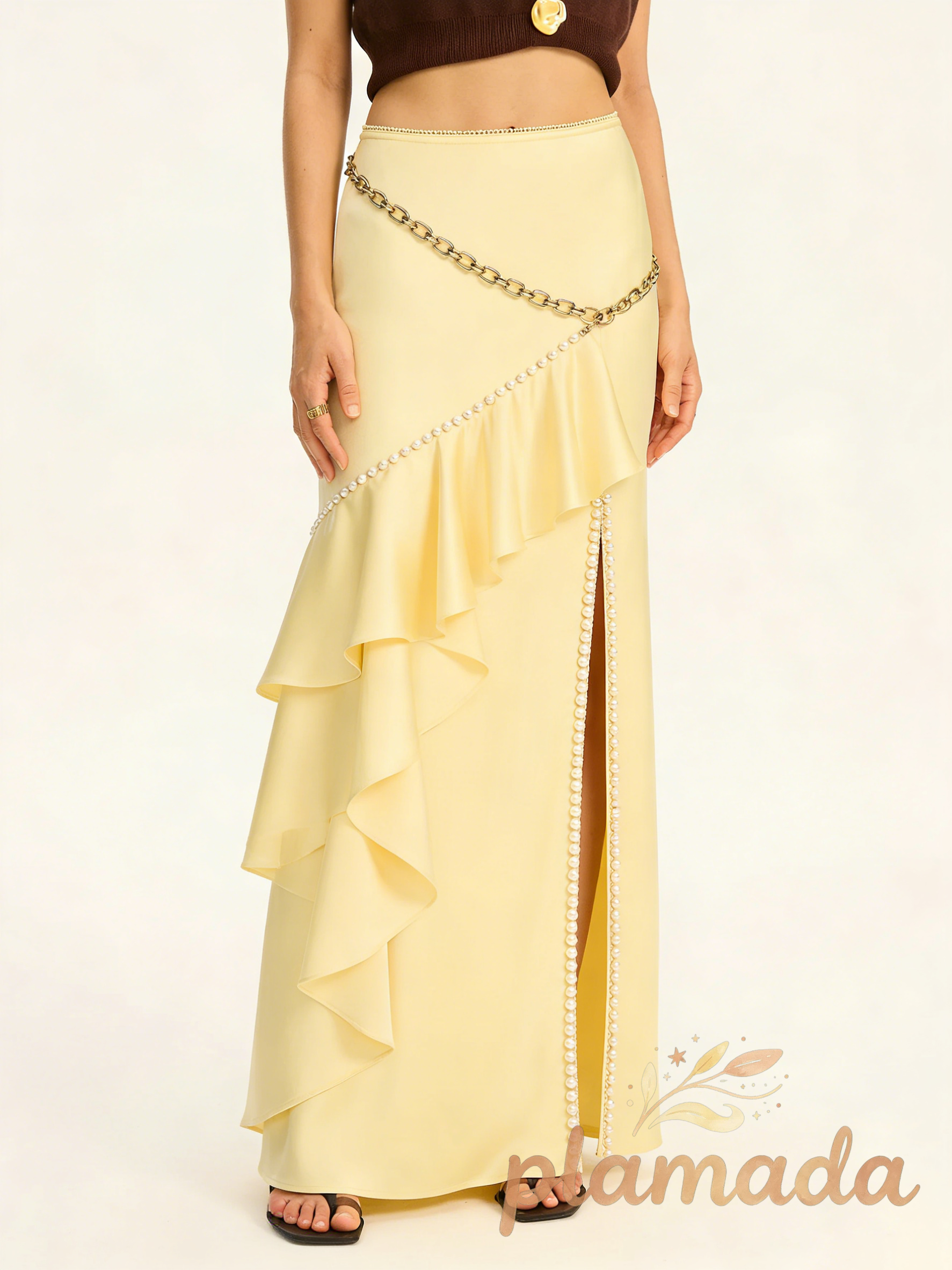 Satin Maxi Skirt with Lace Waistband