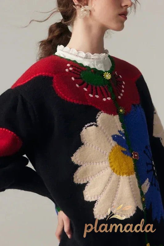 Vintage Floral Embroidered Knit Cardigan