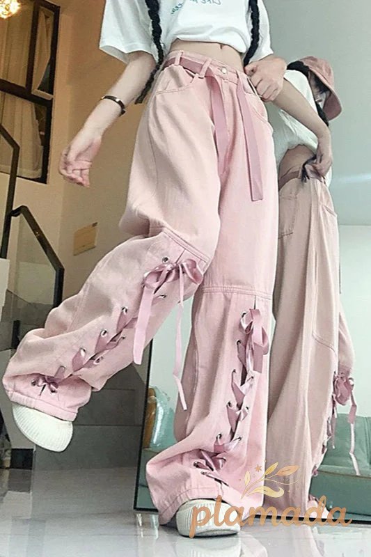 Pink Bow Tie Wide Leg Cargo Jeans