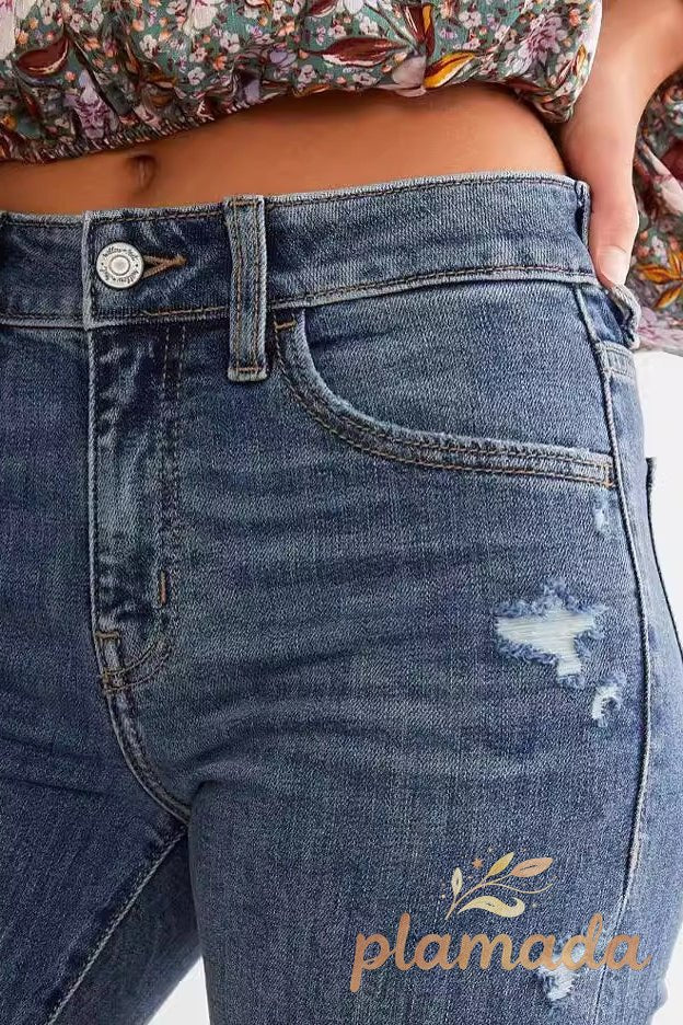 Vintage Distressed Stretch Slim Straight Denim Jeans