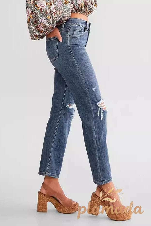 Vintage Distressed Stretch Slim Straight Denim Jeans