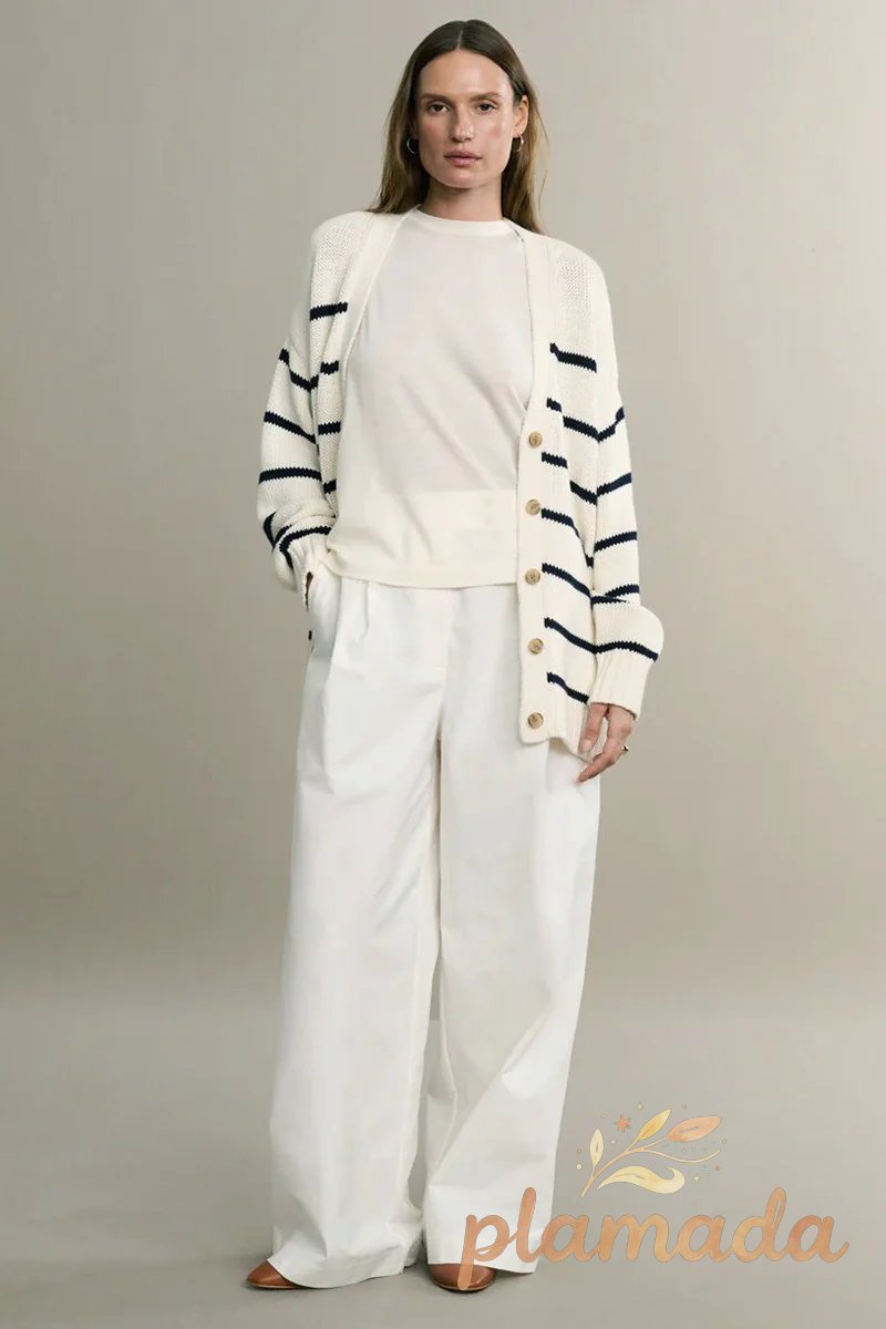 Cotton Stripe V Neck Cardigan