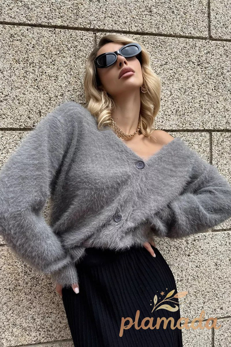Faux Fur V Neck Cardigan