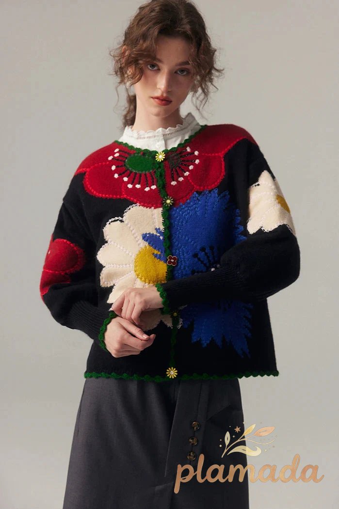 Vintage Floral Embroidered Knit Cardigan
