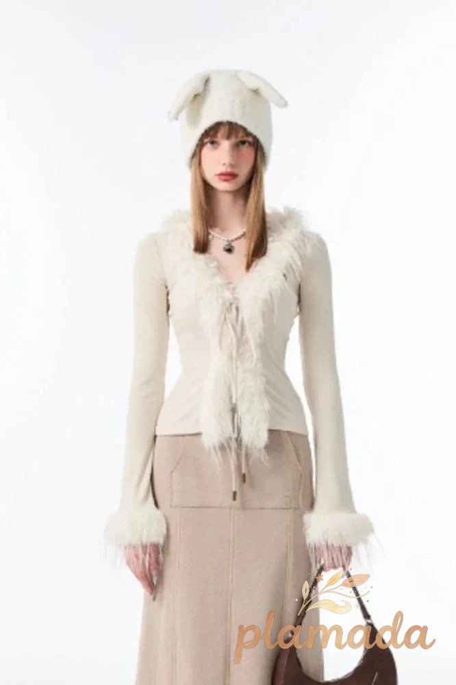 Lace-Up V Neck Plush Cardigan