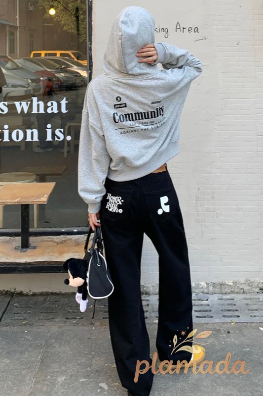 Solid Color Contrast Print Loose Straight Casual Jeans
