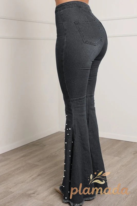 High Waist Stretch Slim Beaded Flare Loose Jeans