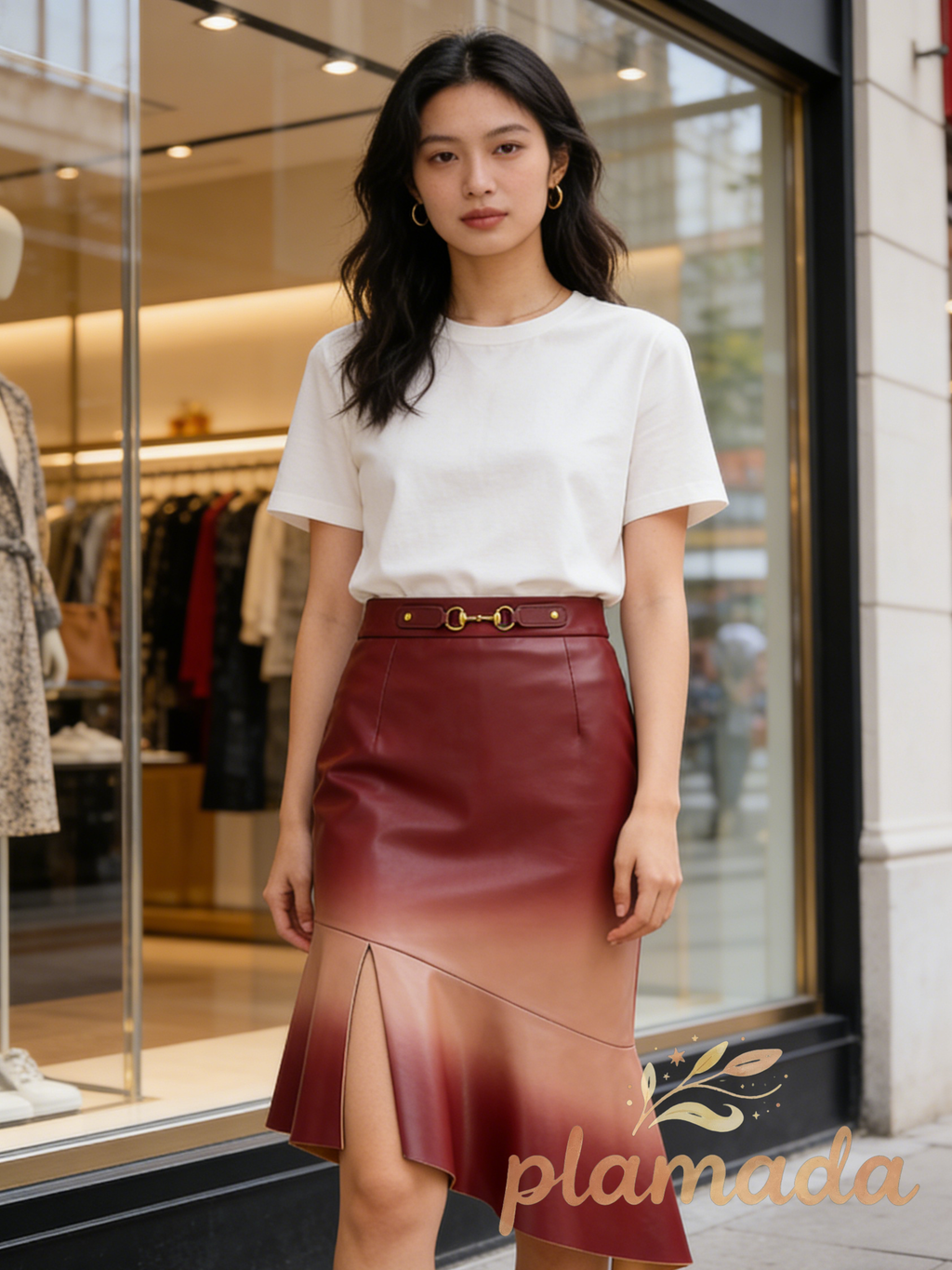 High-Waist Metal-Detail Asymmetrical Pleated Skirt
