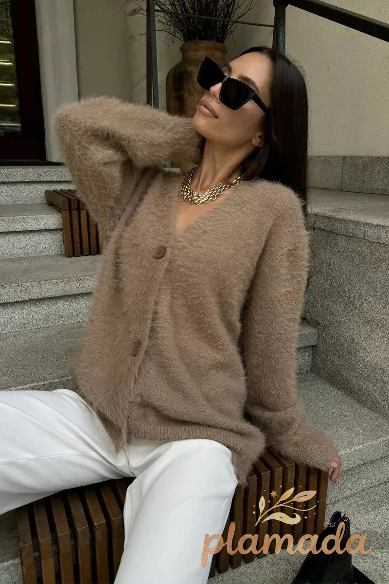 Faux Fur V Neck Cardigan