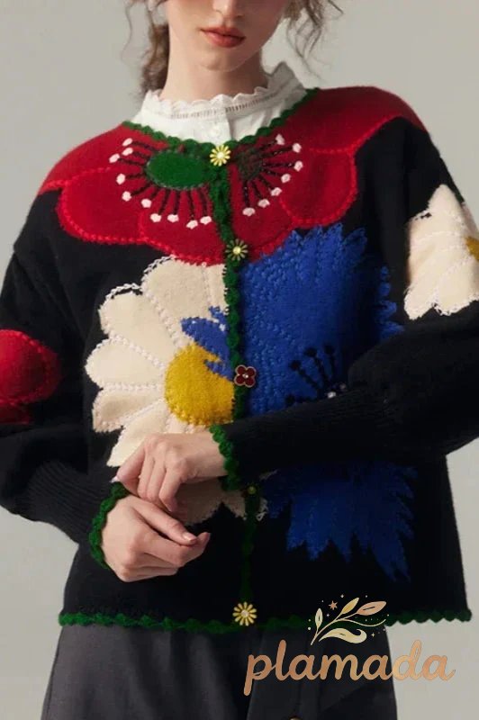 Vintage Floral Embroidered Knit Cardigan