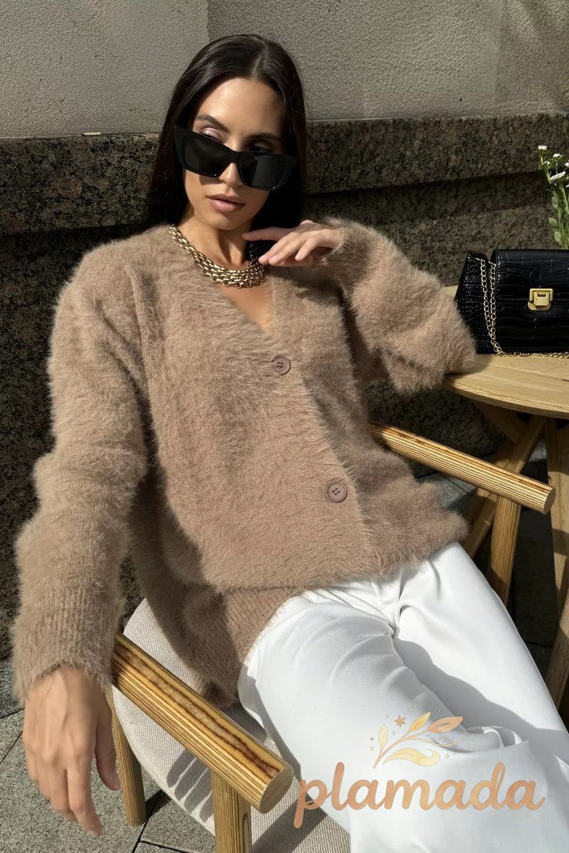 Faux Fur V Neck Cardigan