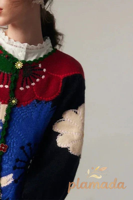Vintage Floral Embroidered Knit Cardigan