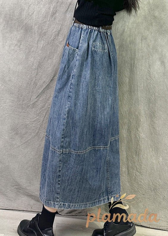 Chic Grey Blue Pockets Patchwork Denim Skirts Spring