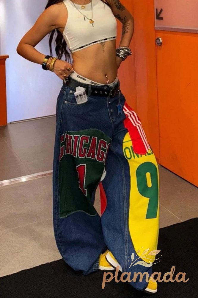 Graphic Patch Wide Leg Floor Length Trendy Hip Hop Jeans