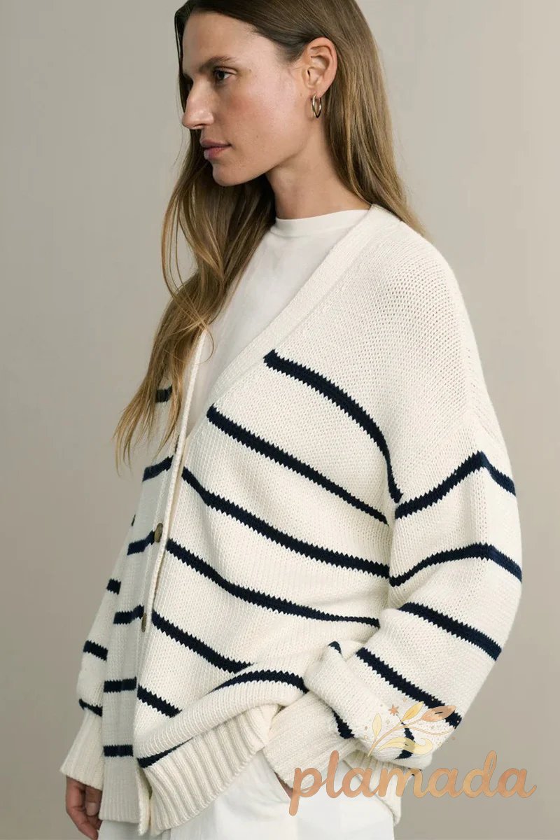 Cotton Stripe V Neck Cardigan