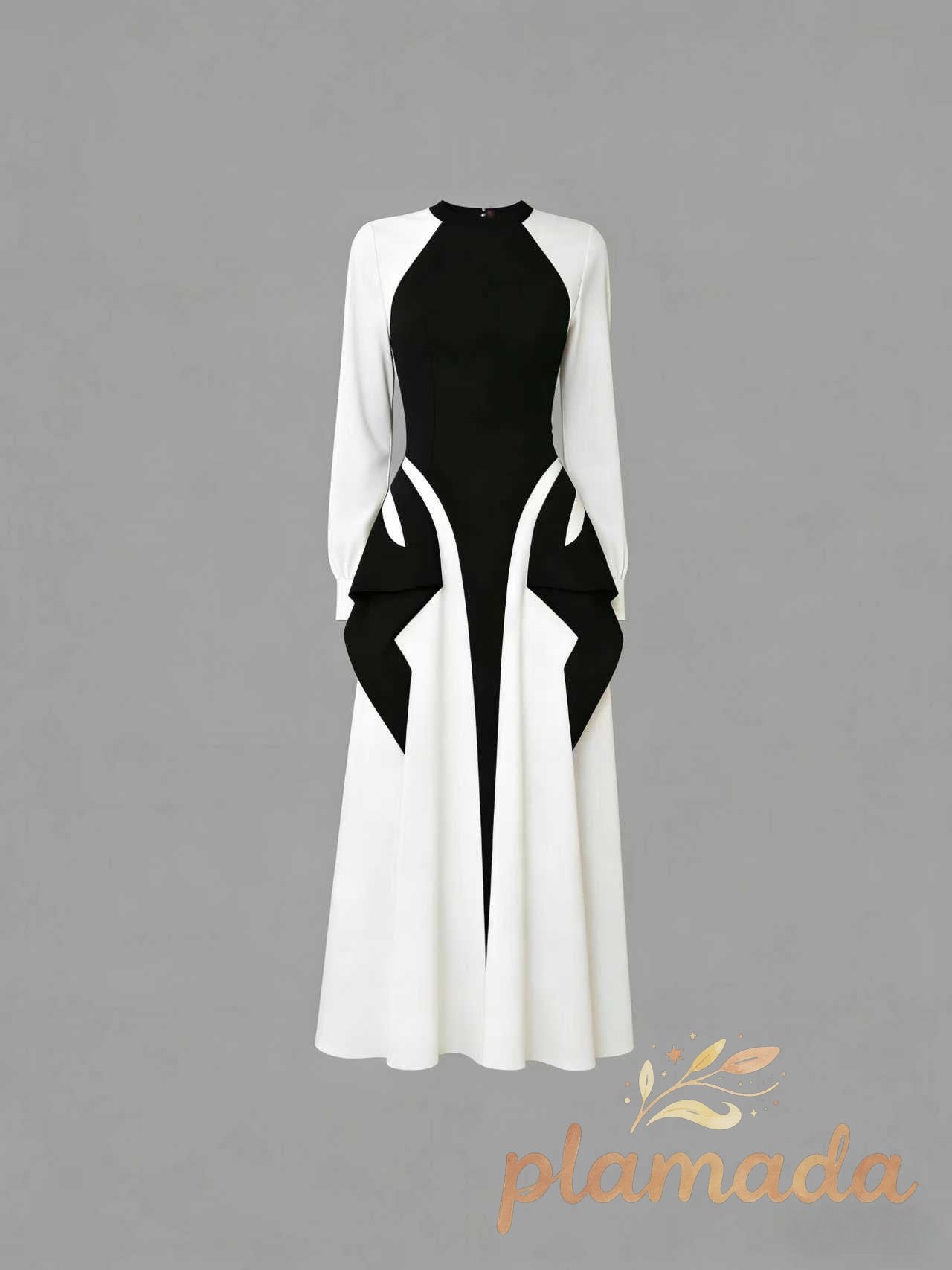 Contrast-Sleeve Pleated Midi Dress