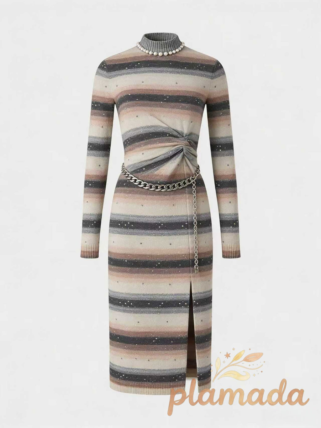 Mock Neck Twisted Side Slit Midi Dress
