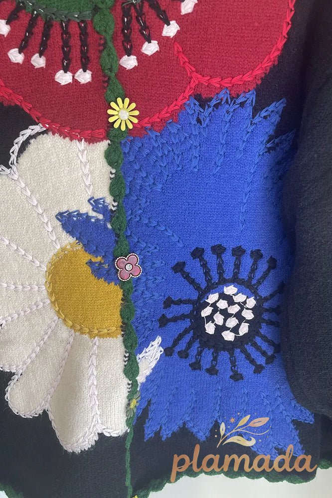 Vintage Floral Embroidered Knit Cardigan