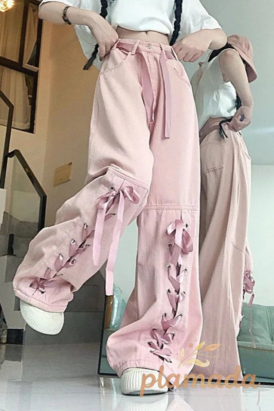 Pink Bow Tie Wide Leg Cargo Jeans