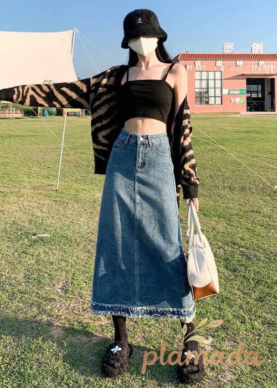 Italian Blue Pockets Tasseled High Waist Denim Skirts Summer