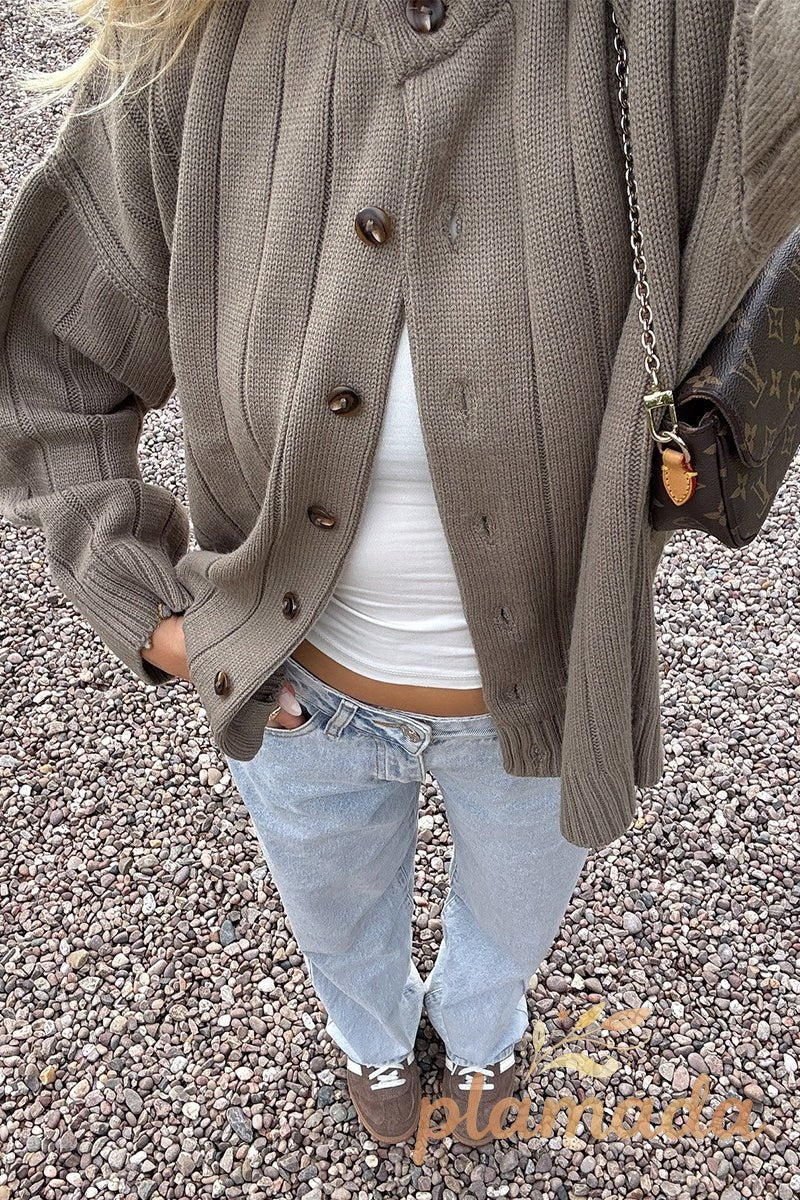 Textured Ribbed Round Neck Knit Cardigan