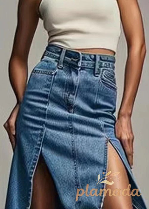 Chic Blue Zippered Side Open High Waist Denim Skirt Summer