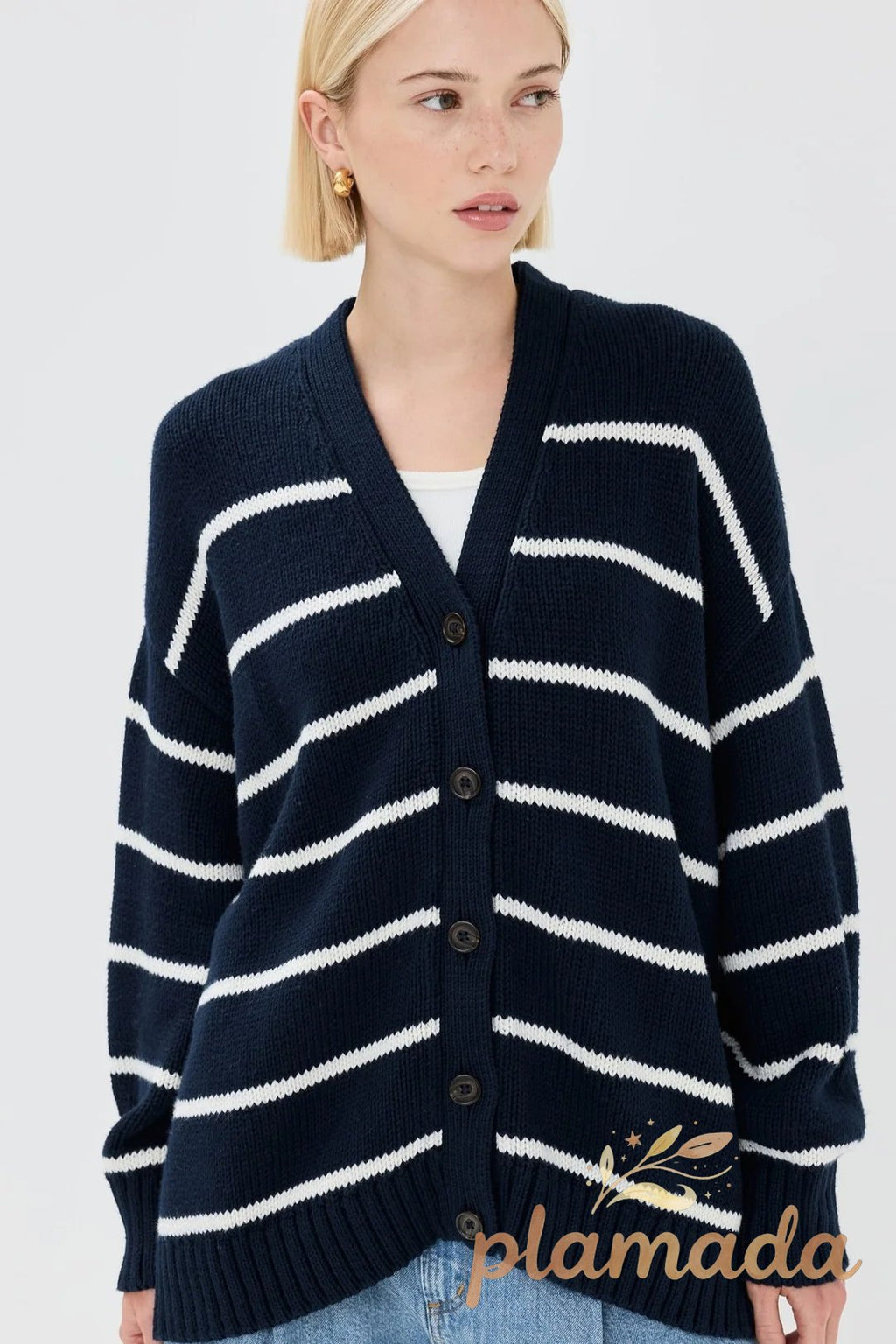 Cotton Stripe V Neck Cardigan