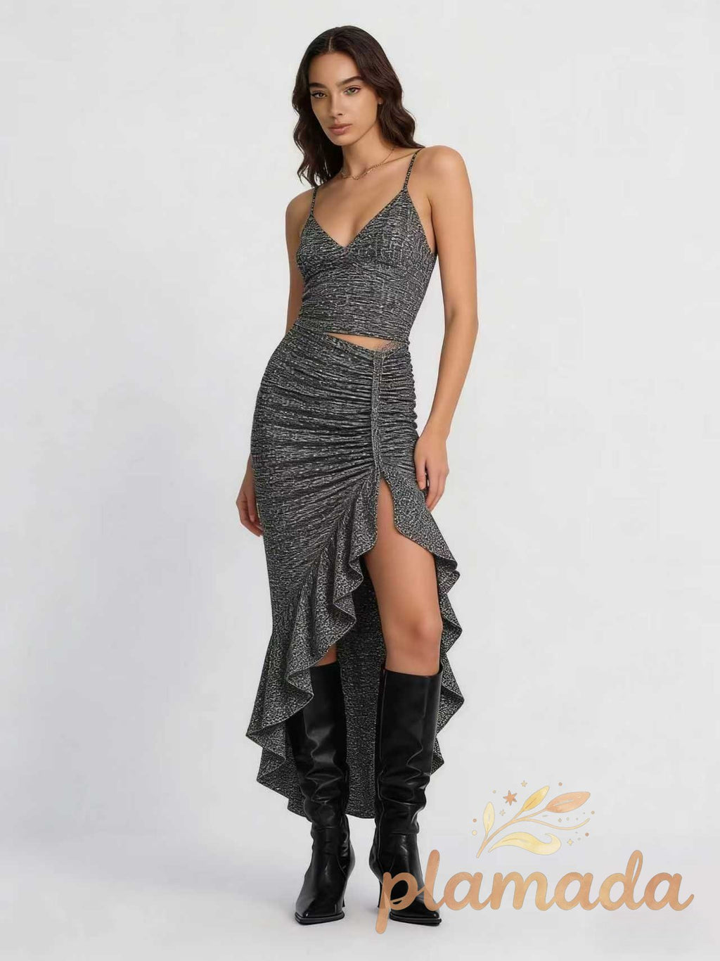 Long Sleeve Ruched Slit Maxi Dress