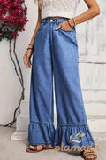 Ruffled Wide Leg Straight Loose Floor Length Jeans