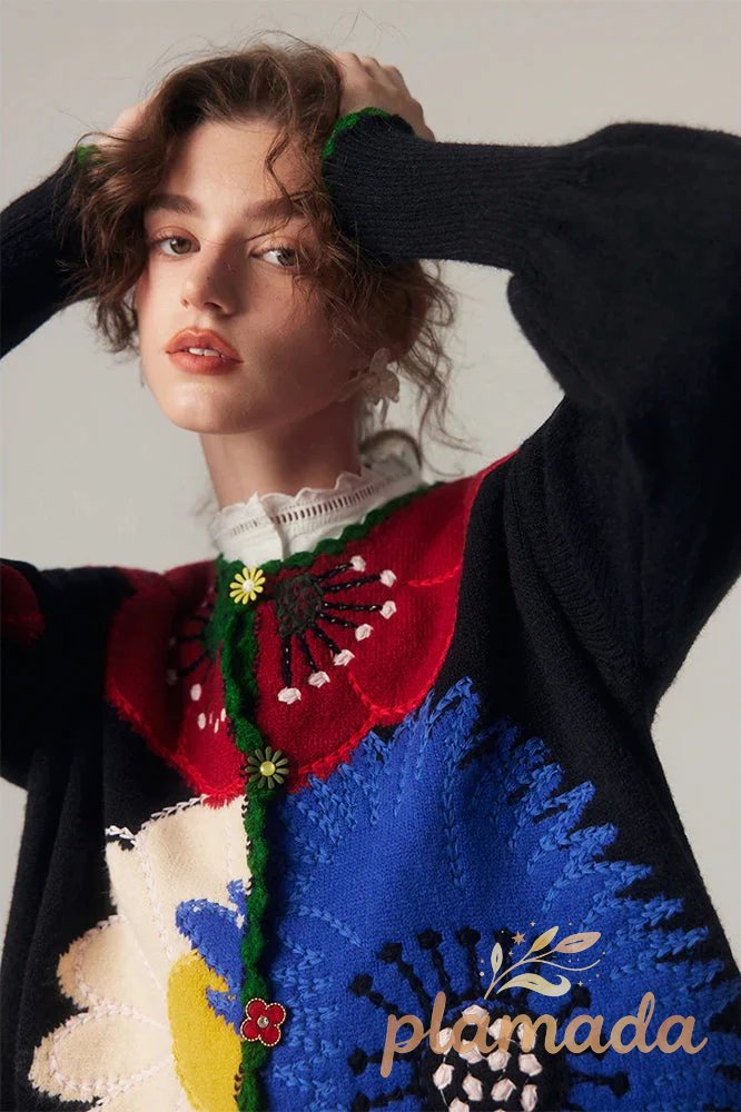 Vintage Floral Embroidered Knit Cardigan