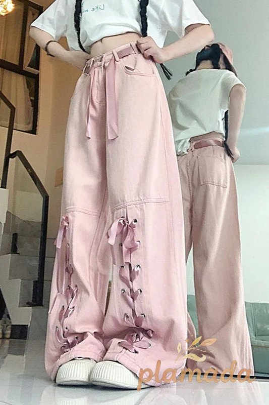 Pink Bow Tie Wide Leg Cargo Jeans