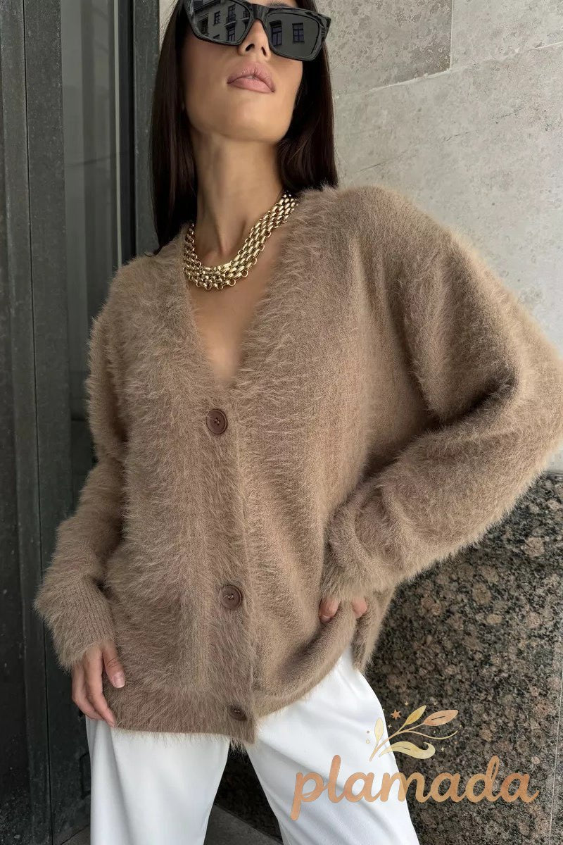 Faux Fur V Neck Cardigan