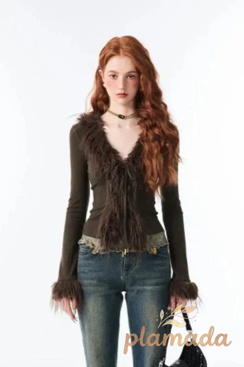 Lace-Up V Neck Plush Cardigan