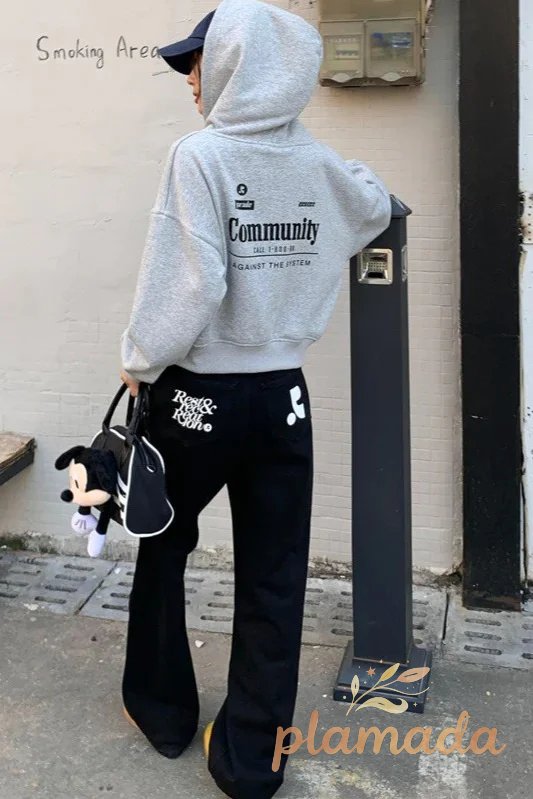 Solid Color Contrast Print Loose Straight Casual Jeans