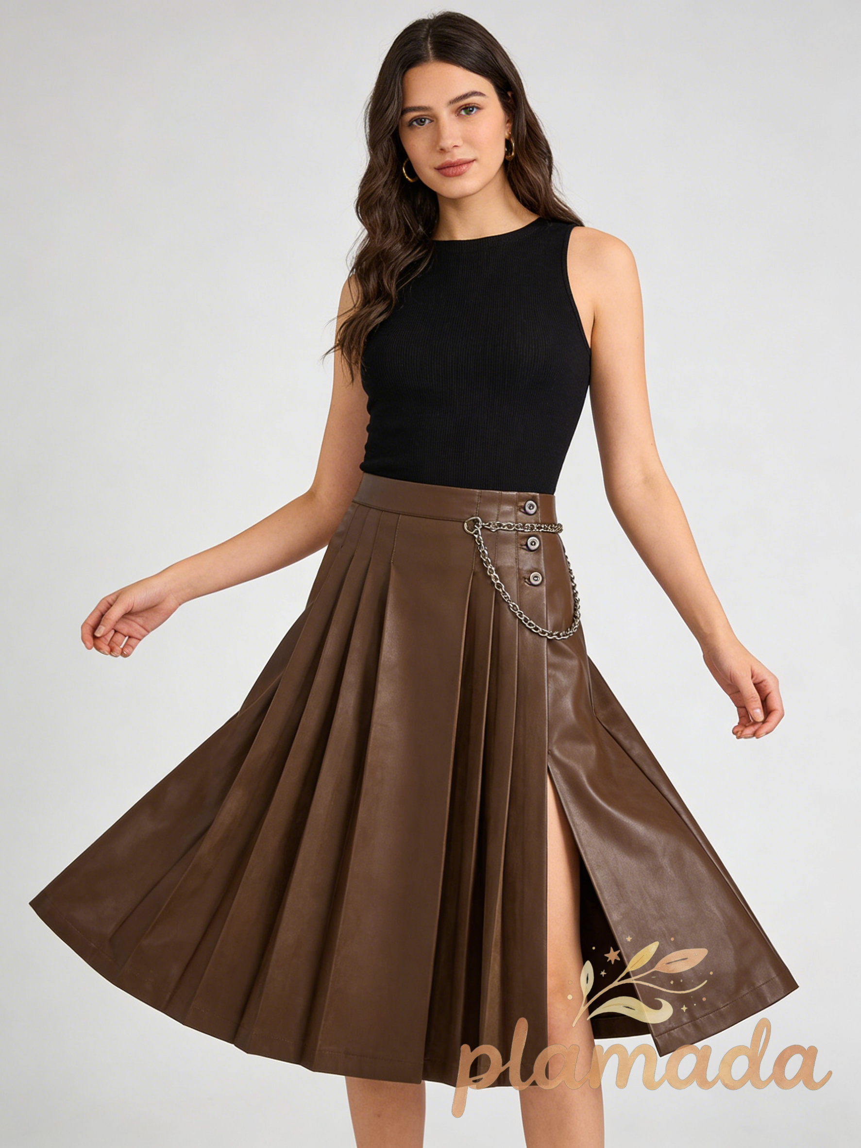 Suede Effect Pleated Button Detail Midi Skirt